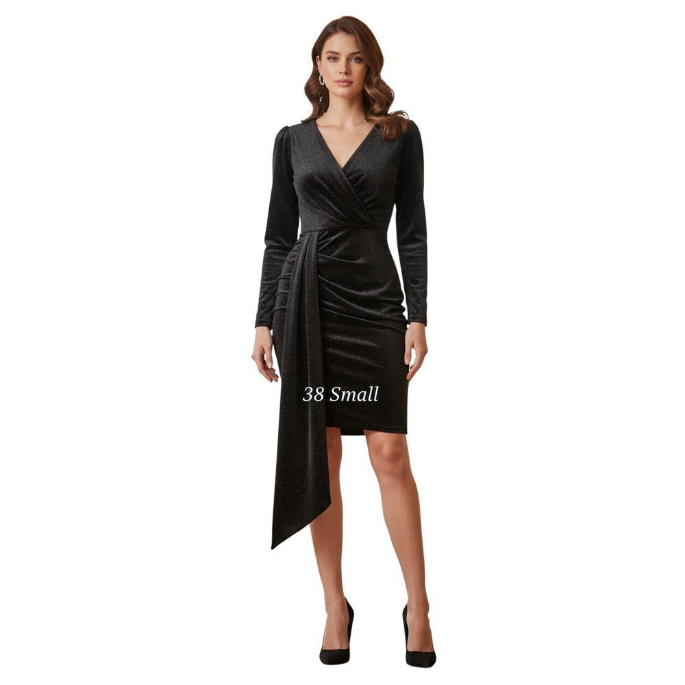 Nissa Romania Black Shimmer Velvet Ruched Dress US 6 UK 10‎ Made in Italy $580